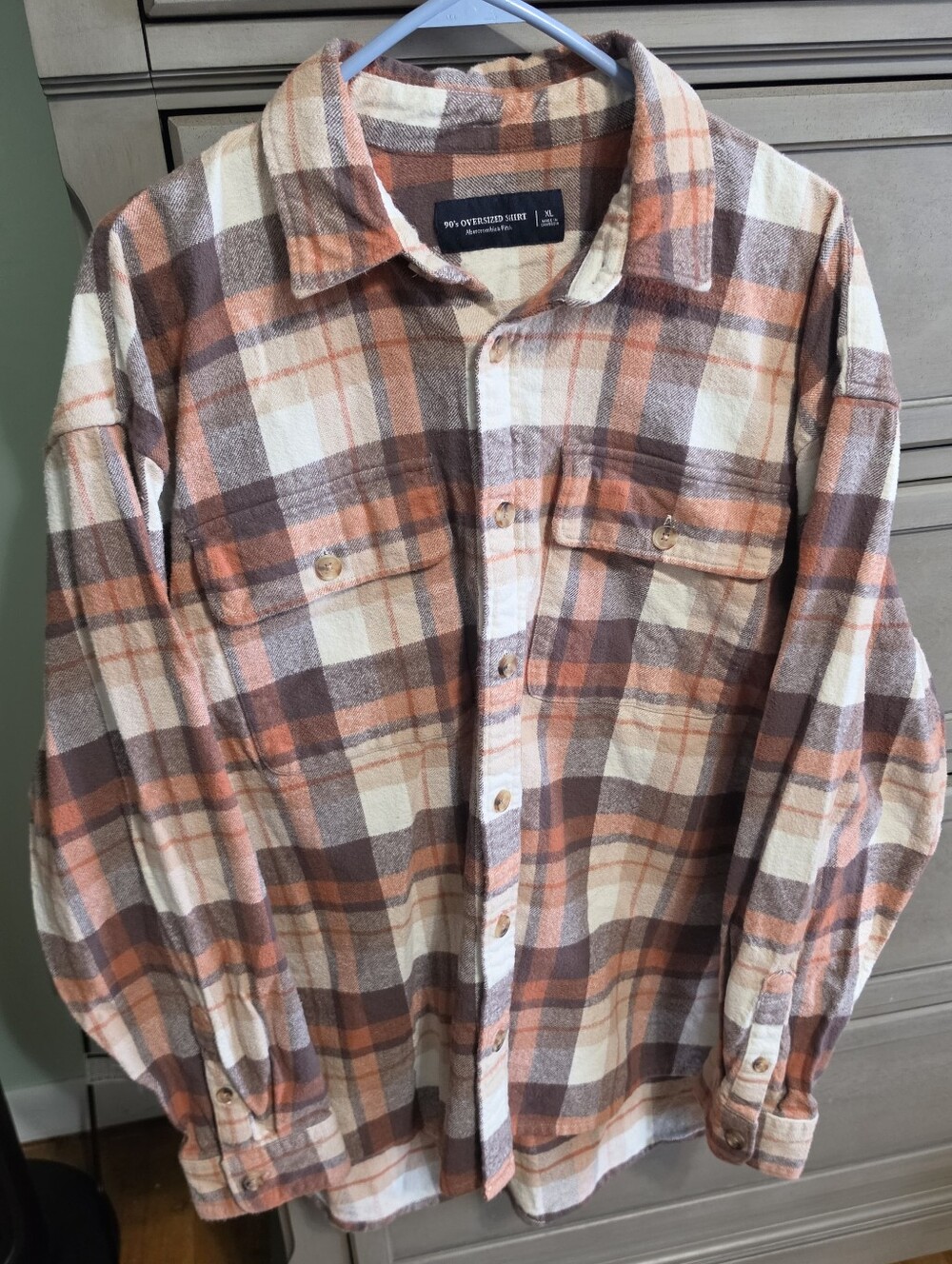 Abercrombie & Fitch Orange, Brown and Cream Plaid Button-Down Shirt